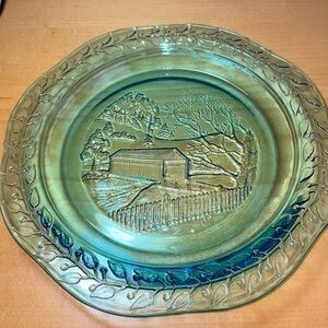 𝅺vintage Maryland glass company, rare blue plate, covered bridge scene